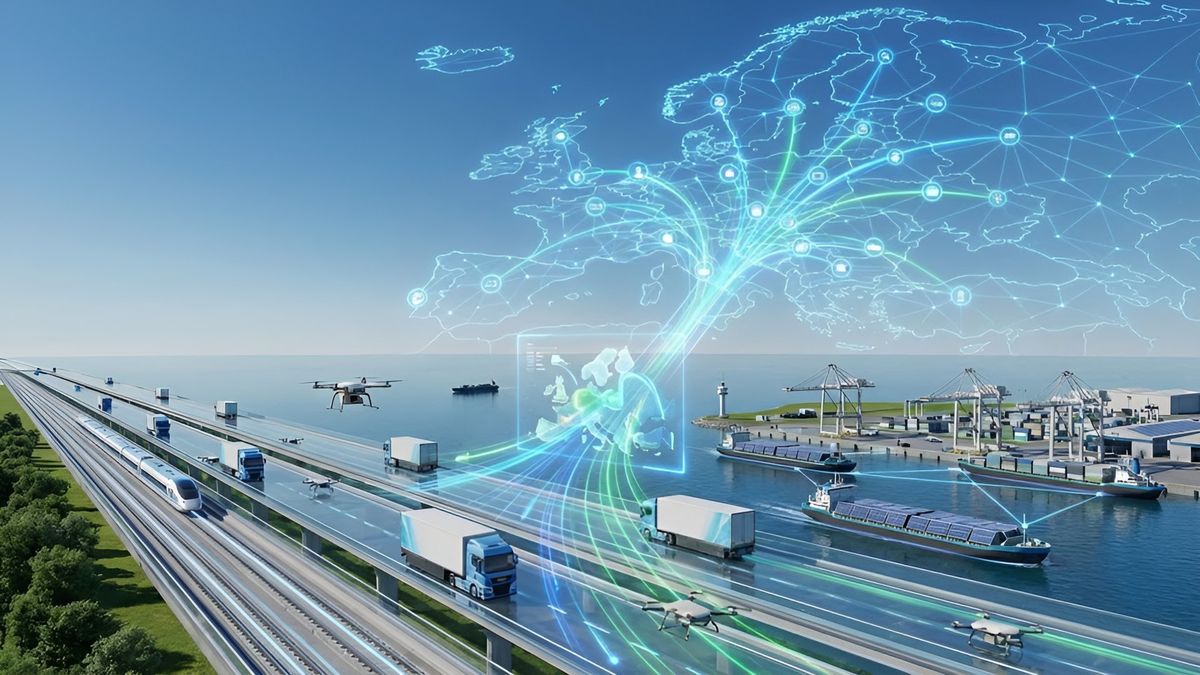 Digital map of global trade routes connecting road, sea and air transport