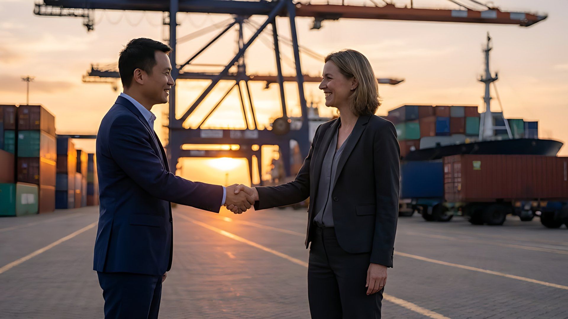 Two business partners shaking hands at a container port