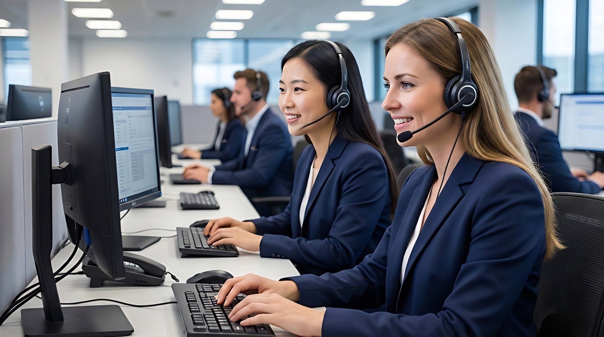 Customer service team with headsets at their desks