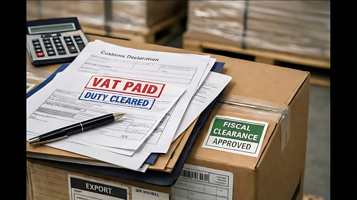 Customs declaration and clearance documents on an import carton