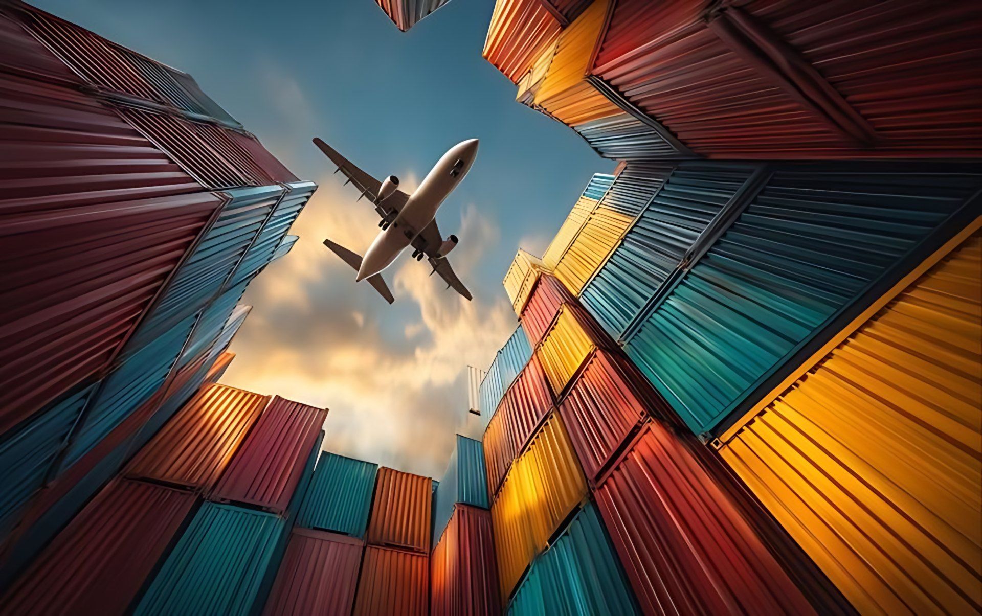 Cargo plane flying over stacked shipping containers