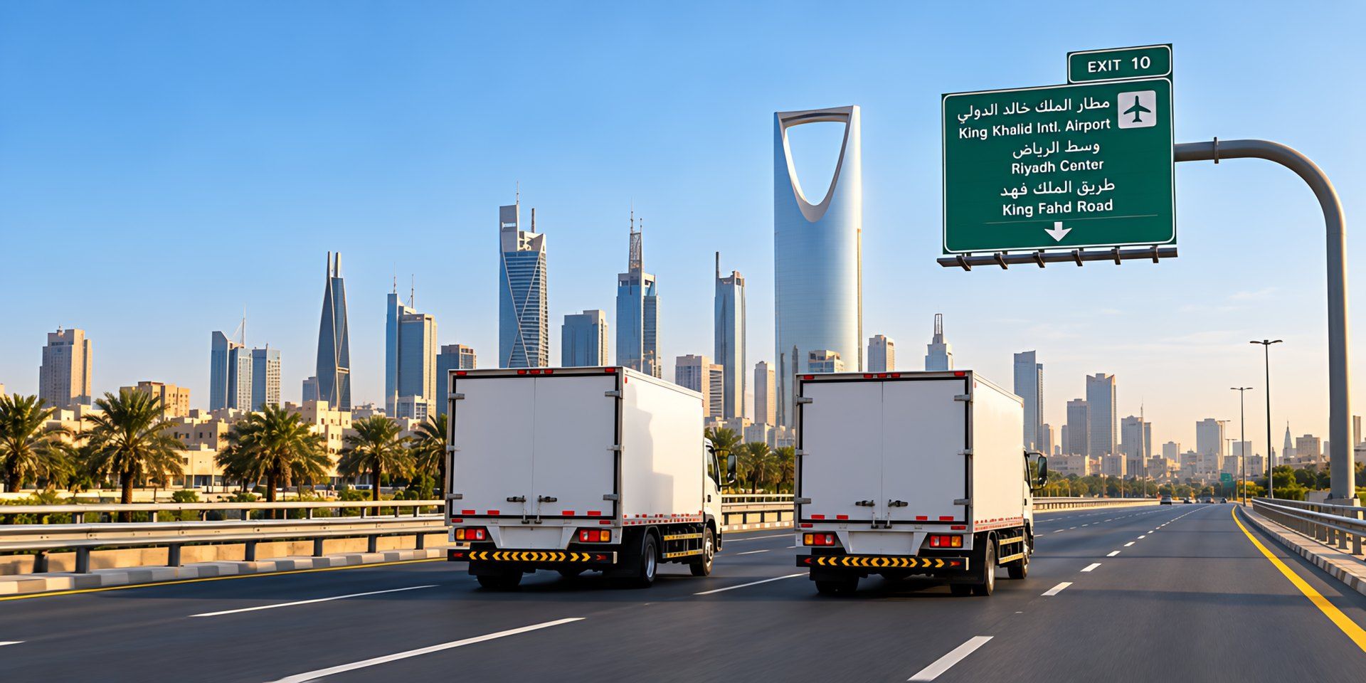 Delivery trucks on King Fahd Road with the Riyadh skyline