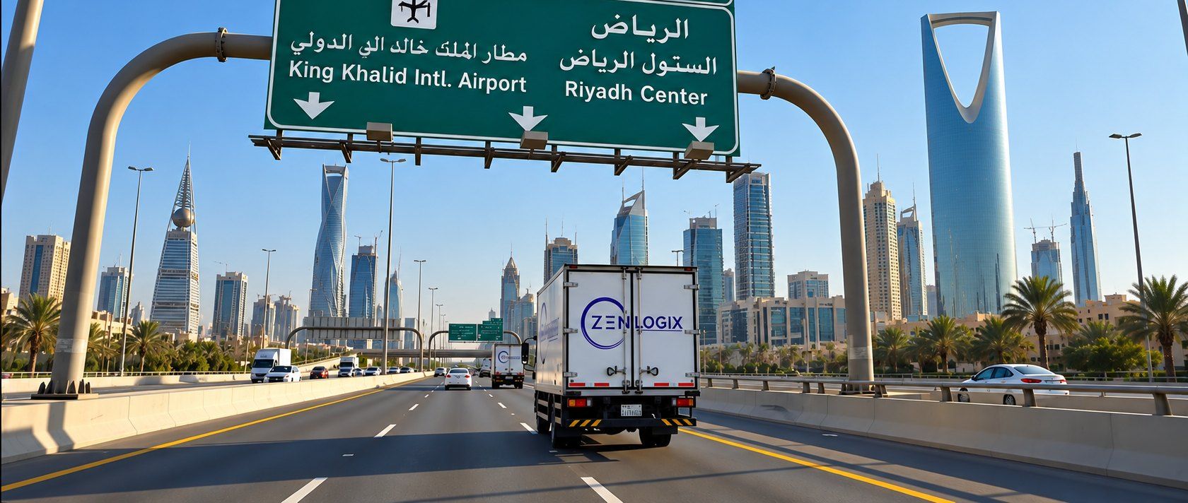 Zenlogix delivery trucks on a Riyadh highway near Kingdom Centre