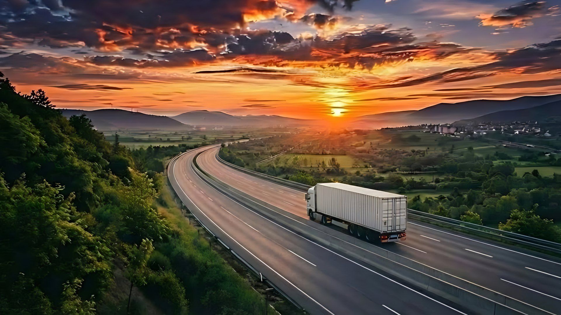 Truck on a highway at sunset