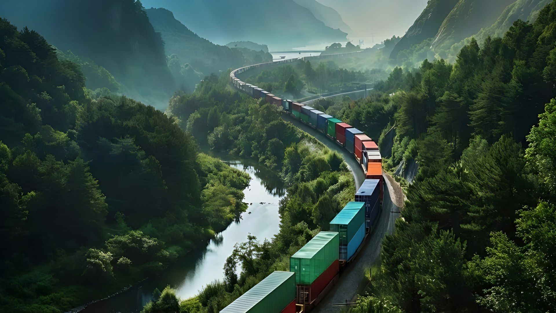 Container train running through a green river valley