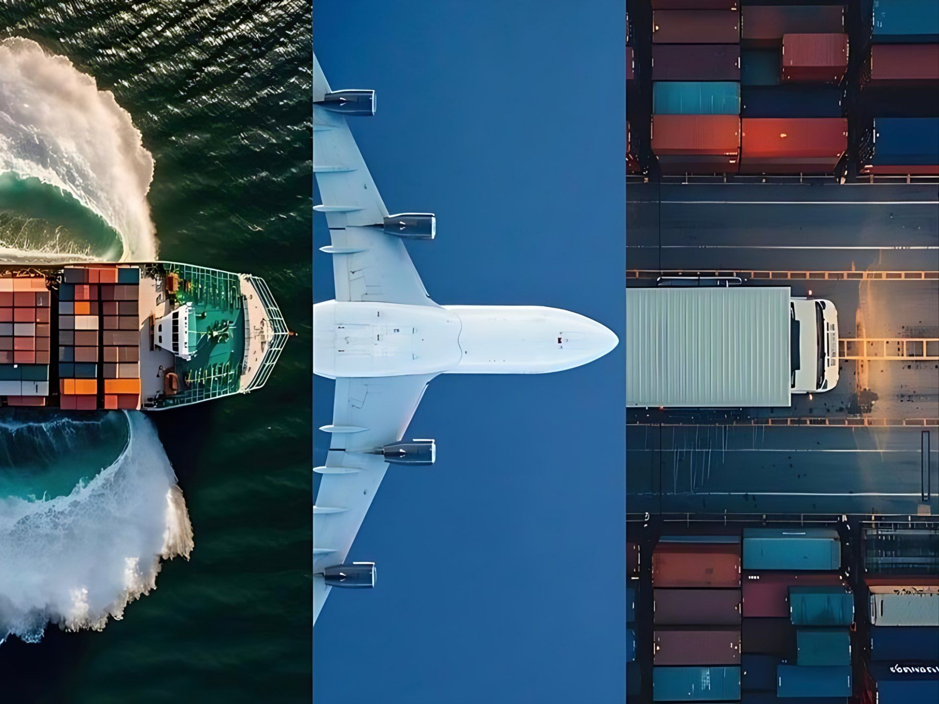 Aerial view of a container ship, a cargo aircraft and a truck