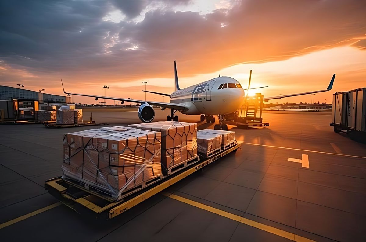 Air cargo pallets on the apron beside an aircraft at sunset