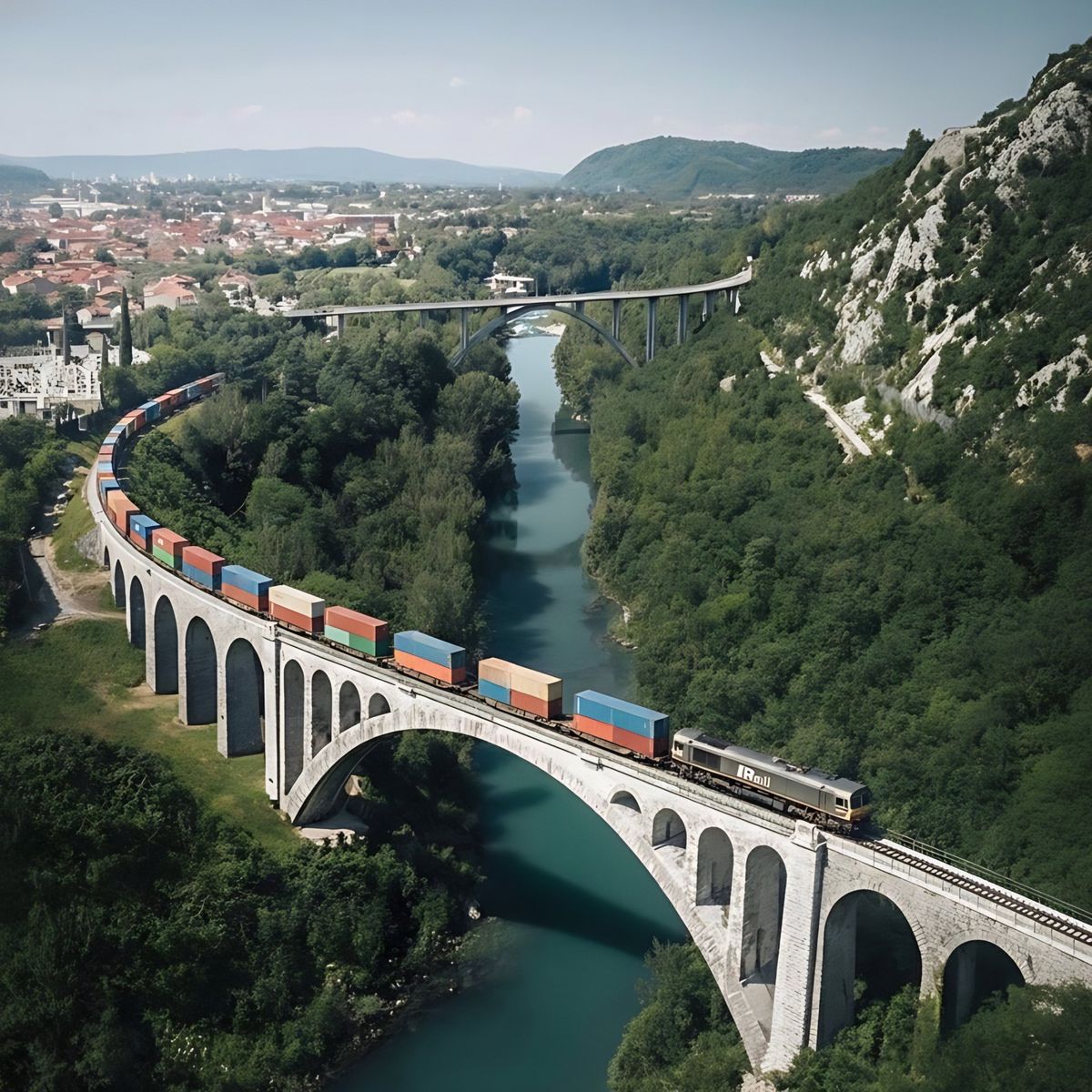 Freight train crossing a bridge over a river
