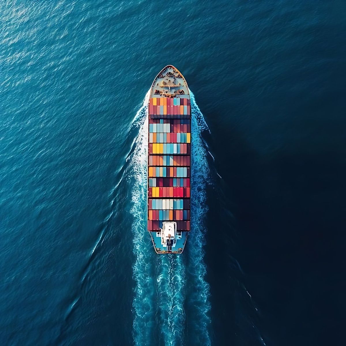 Aerial view of a loaded container ship at sea