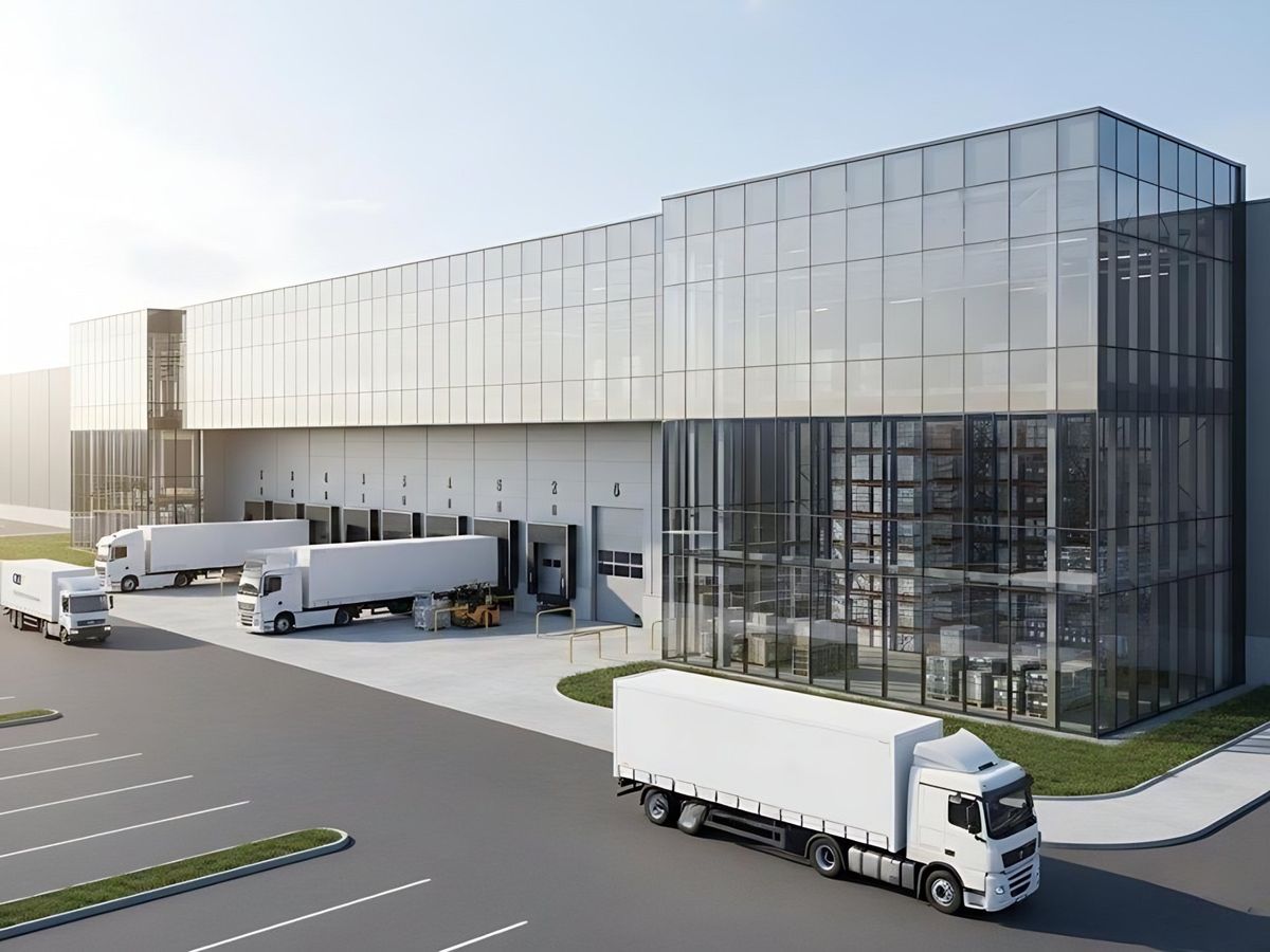 Modern warehouse with trucks at the loading docks