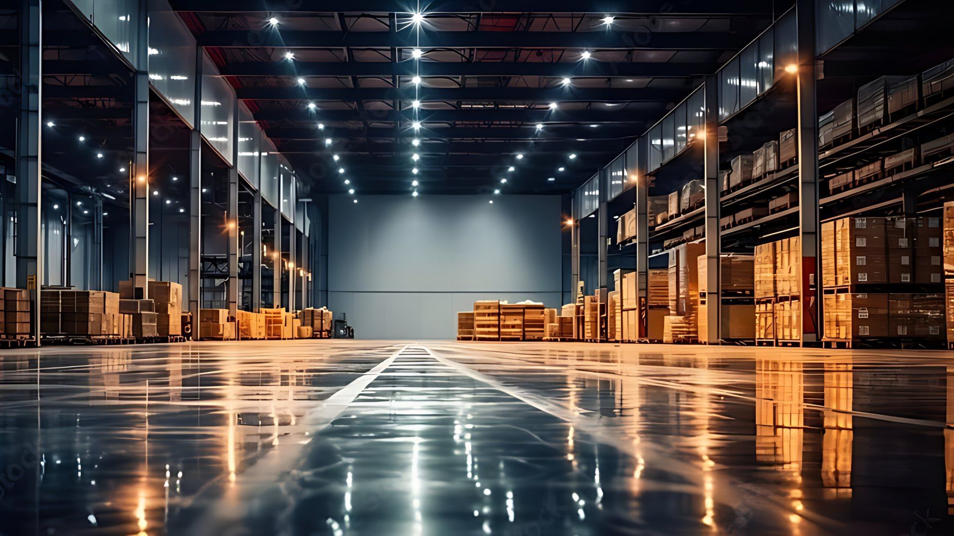Inside a large logistics warehouse with stacked pallets